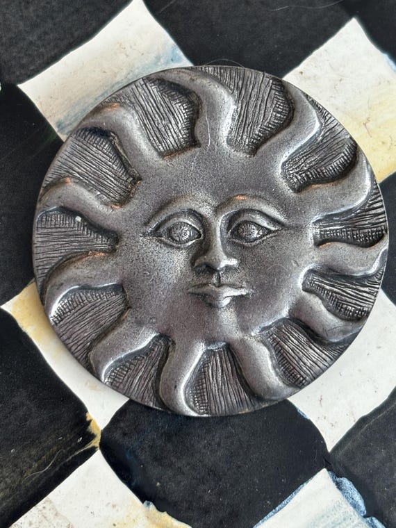 Vintage Pewter Sun Brooch, Artist Designer Signed DANFORTH 1994, Collectible Vintage Jewelry, unisex lapel pin, auspicious sunshine