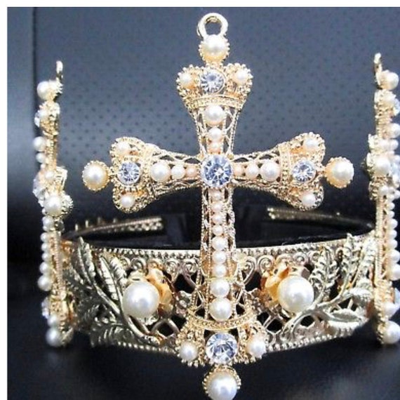 Sexy Gothic Golden Leaves Faux Pearl Rhinestone Cross Holiday Crown Tiara