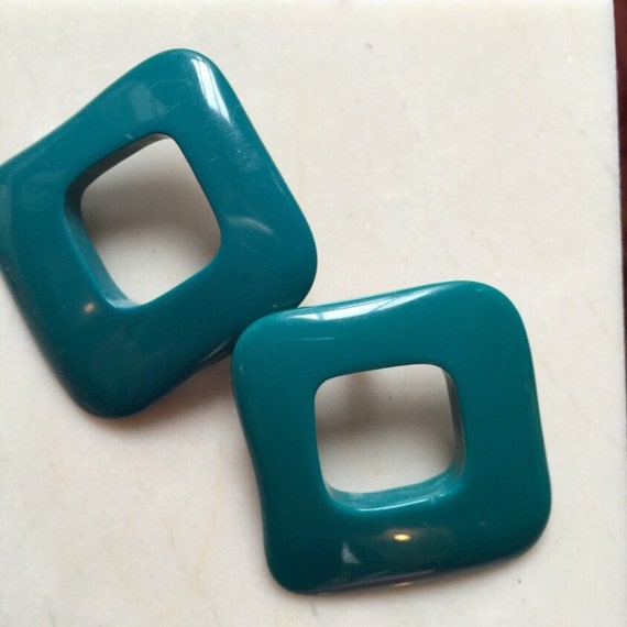Vintage New Wave Retro Geometric Lucite Earrings, Pre 80s TEAL green Big Bold Punky Hoops with post backs