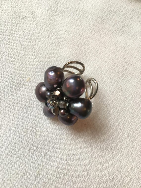Vintage Black Water Pearl Cluster Bead Floral Adj… - image 2