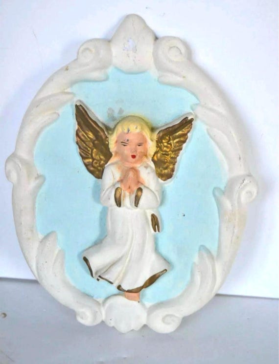 Chalkware Angel Plaque, Trending Vintage Religious Plaster Wall Art