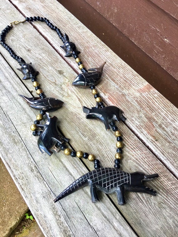 80s Oversized Fetish Necklace, Carved Horn Animals Alligator Turtles Fish Pigs, Huge Boho Gypsy Tribal Necklace w/Brass accent Beads