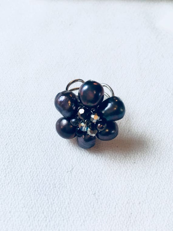 Vintage Black Water Pearl Cluster Bead Floral Adj… - image 5