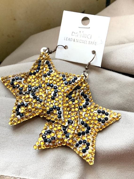 90s Glam Huge Star Earrings, Sparkly Embellished Brass Starfish shimmery Moon glow Dangles still on Original Card