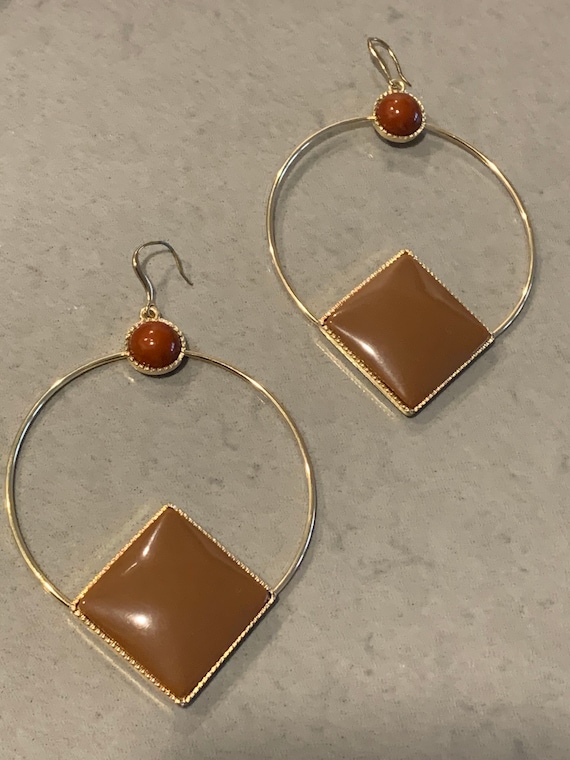 HUGE MCM Golden Hoops with Toffee Caramel & Brick Geometric Cabochons, 4.5 Inches of 70s Disco Funk Glamour Jewelry Bling