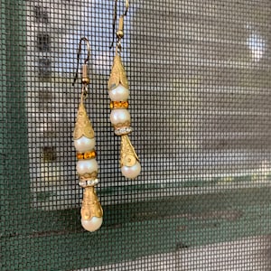 Vintage Gothic Boho Edwardian Pearl Statement Earrings, Ornate Goldtone Caps with Tiers of Pearls & Rhinestone Spacers, Elegant Dangles