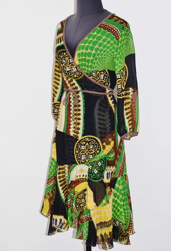 Vintage Paris Wrap Dress By French Designer Brand WooXoom colorful green navy & yellow stylish print size small