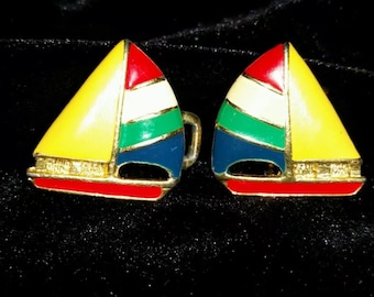 Preppy Nautical Belt Buckle signed Dotty, Primary Colors Color Block Mid Century Boats Boating Sailing Enamel Jewelry Accessory