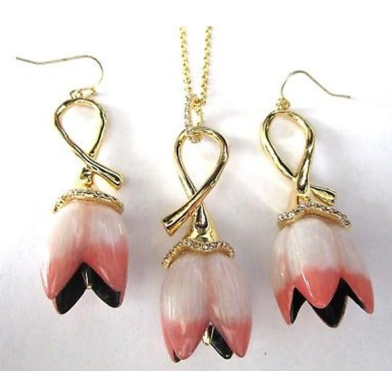 3D Pink Tulip Pendant Necklace and dangle Tulip Statement Earrings, Designer Jewelry Set by Alexis Bittar, Art Nouveau Romantic Revival