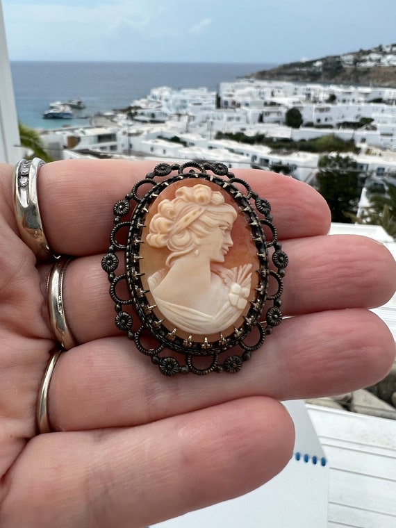 Vintage Carved Shell Cameo Brooch Pendant, Floral… - image 8