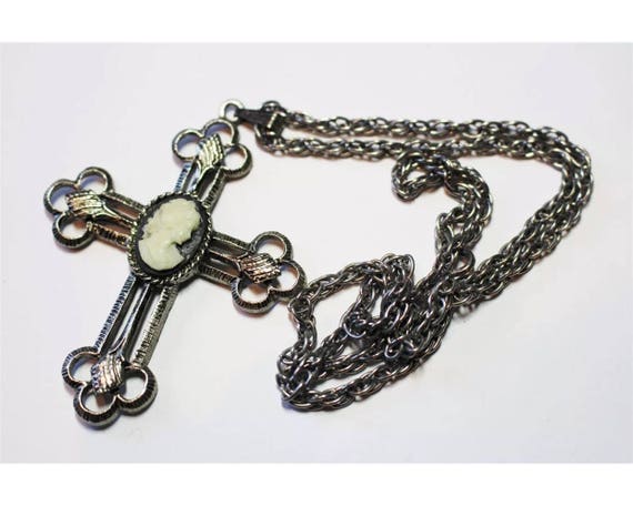 Punky Gothic Cross Pendant Necklace with Victorian Revival Black Cameo Center on Silvertone Chain