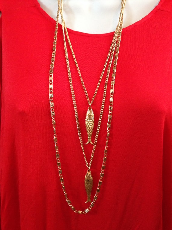 Mid Century Goldtone Multi Chain Necklace with Auspicious Dangling Fish Charms