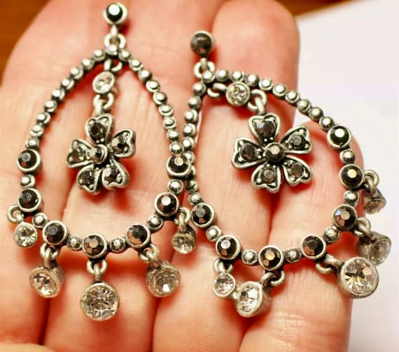 Silvertone & Rhinestone Teardrop Hooped Chandelier Earrings with Tiny Flower Centers and Sparkling Dangles