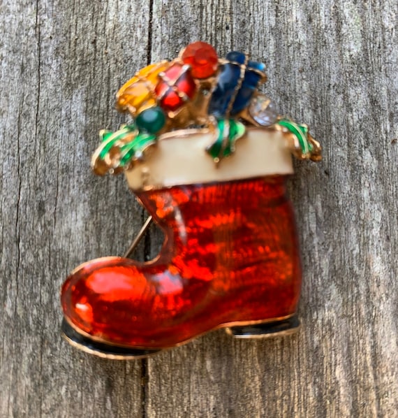 Nostalgic Red Enamel & Rhinestone Gems Christmas Stocking Vintage Brooch, Holiday Unisex Lapel Pin