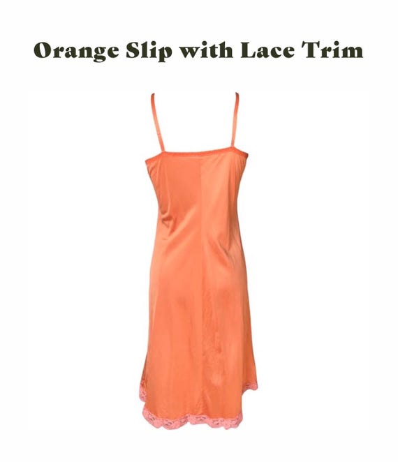 Vintage Orange Slip with Lace, Below Knee Length, Size Medium
