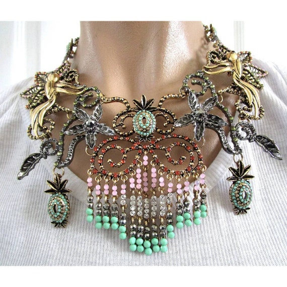 Fun 90s Gaudy Tropical Choker, Bird of Paradise & Pinneapples Rhinestone Beaded Runway Statement Necklace