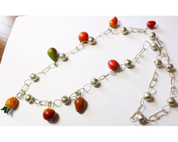 Miniature Rainbow Fruit Charms Fruit Salad on Large Linked Silvertone Necklace