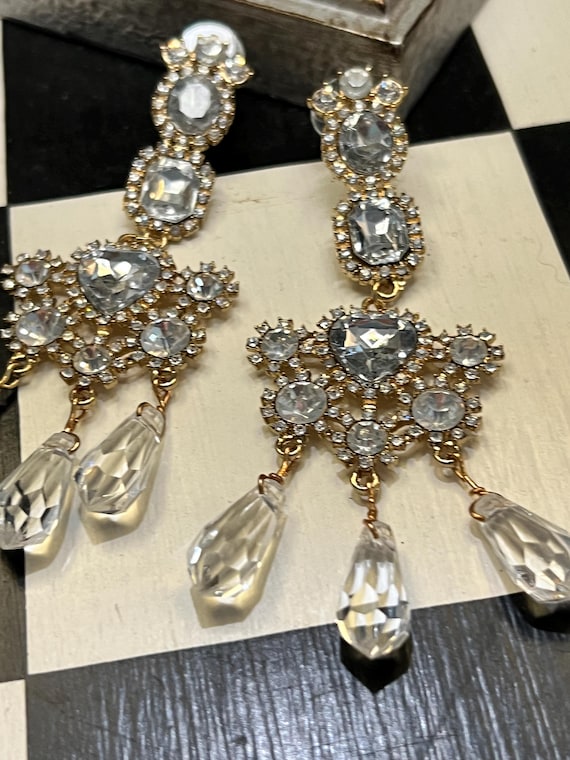 Rhinestone Heart Statement Earrings, Lucite Crystal Dangles