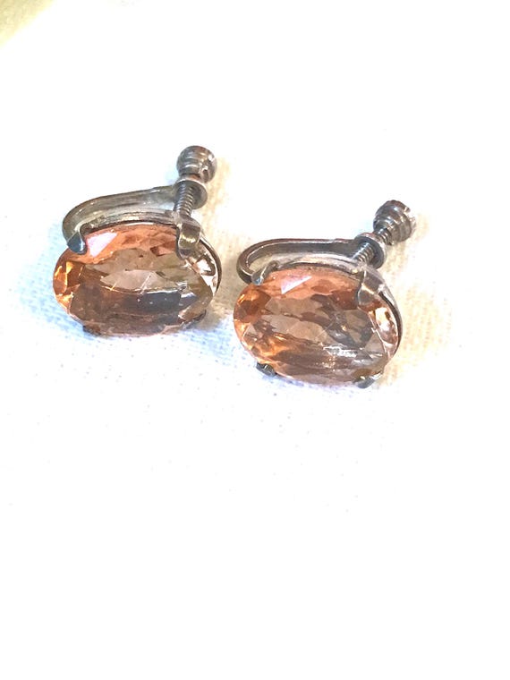 Pretty Peach Pinkish Crystal Gem Vintage Rhinestone Earrings, Elegant 40s-50s Date Night Prom Silver Screw Backs, destined to be cherished!