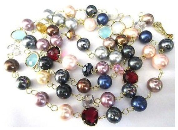 Steal Blues and Mauves Bezel Set Crystal & Pearl Long Beads Necklace