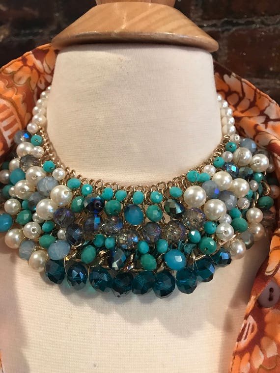 Beautiful Faux Pearl Blue Crystal Collar, Gorgeous