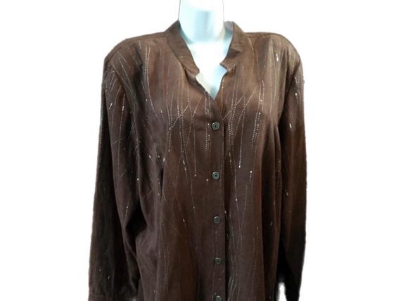 Vintage Erin London ultra suede long shirt,  brown with silver Splatter 80s New Wave Oversized Blouse, Zoom Party Outfit !