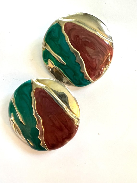 Mid Century Southwestern Abstract Statement Earrings- Big Round  Psychedelic Graphic Pressed Metal and Enamel Disco  70’s Costume Jewelry