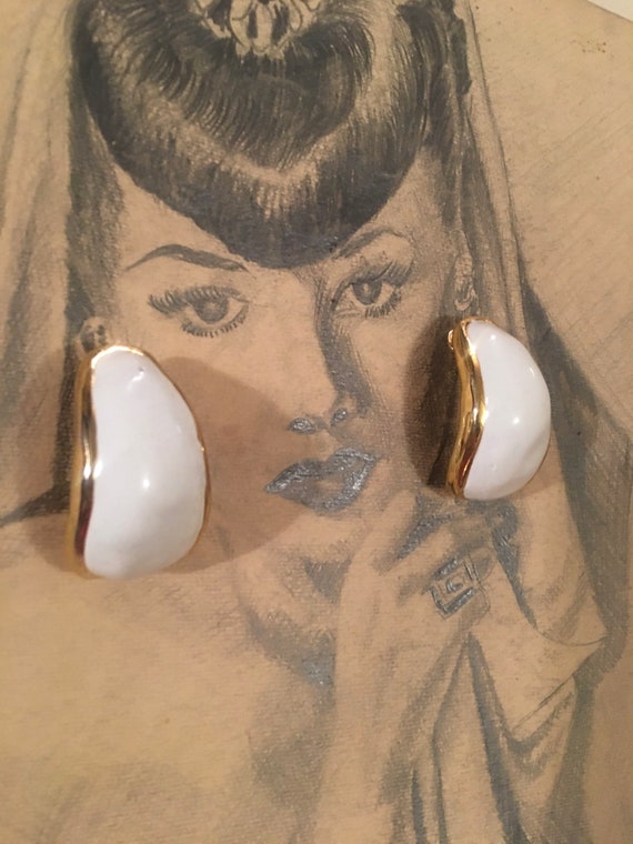 Chunky Cream Enamel & Gold Demi Hoops, Classic Big Bold Sexy 80s Statement Earrings, Glam Clip on Earrings