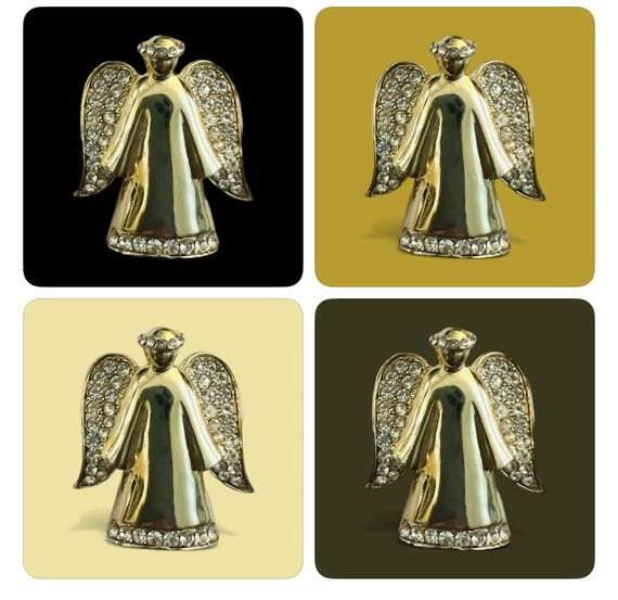 Vintage Monet Angel Brooch – Gold Tone Rhinestone Wings Lapel Pin