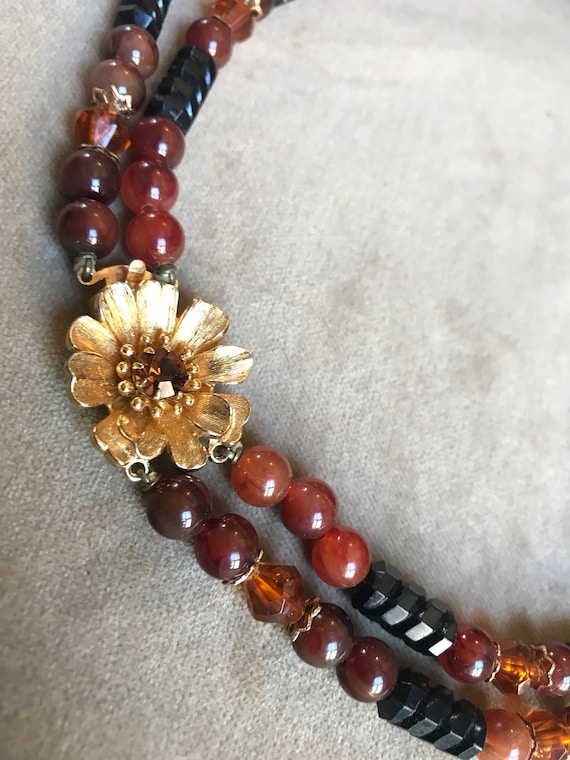 Elegant Brown & Amber tortoise colored Lucite Double strand Necklace with beautiful flower clasp