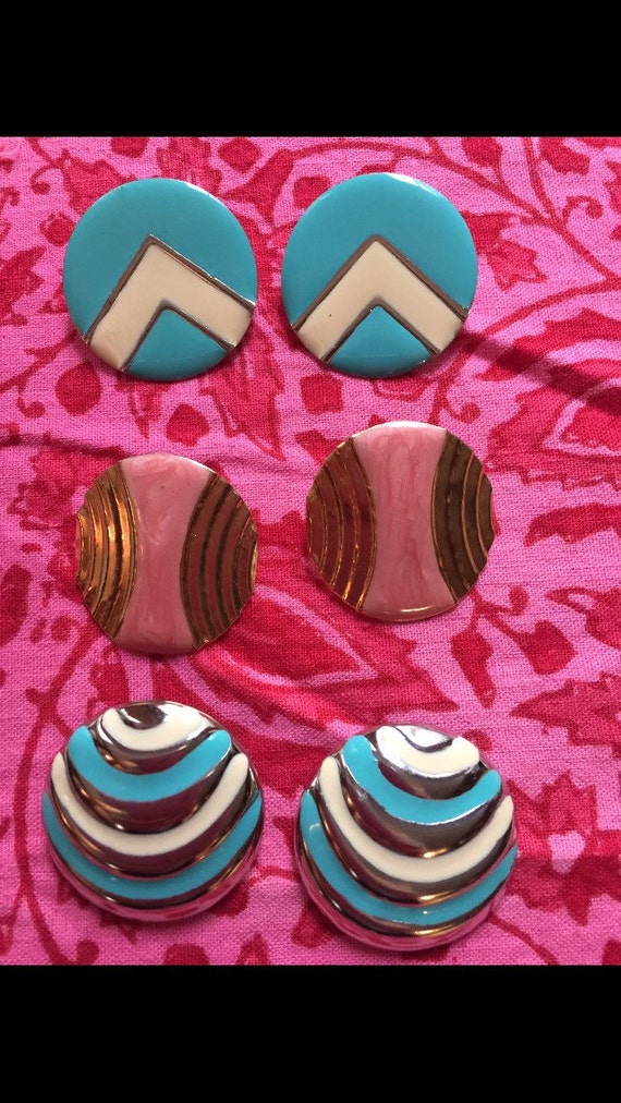 3 pairs of funky fun  pop geometric enamel on metal post pierced earrings