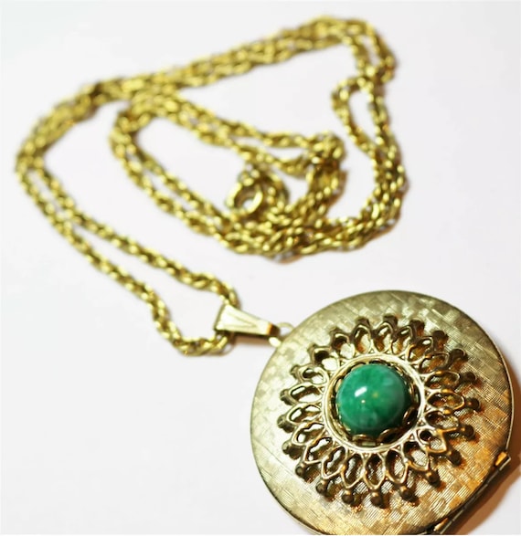 Mid Century Faux Jade Locket, Ornate Goldtone Pendant Necklace with photo compartment and chain