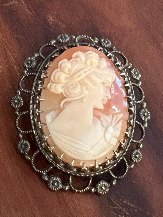 Beautiful Carved Shell Cameo prong set In Ornate Floral Sterling Silver Signed Wells STER, Wear as a Brooch or a Pendant