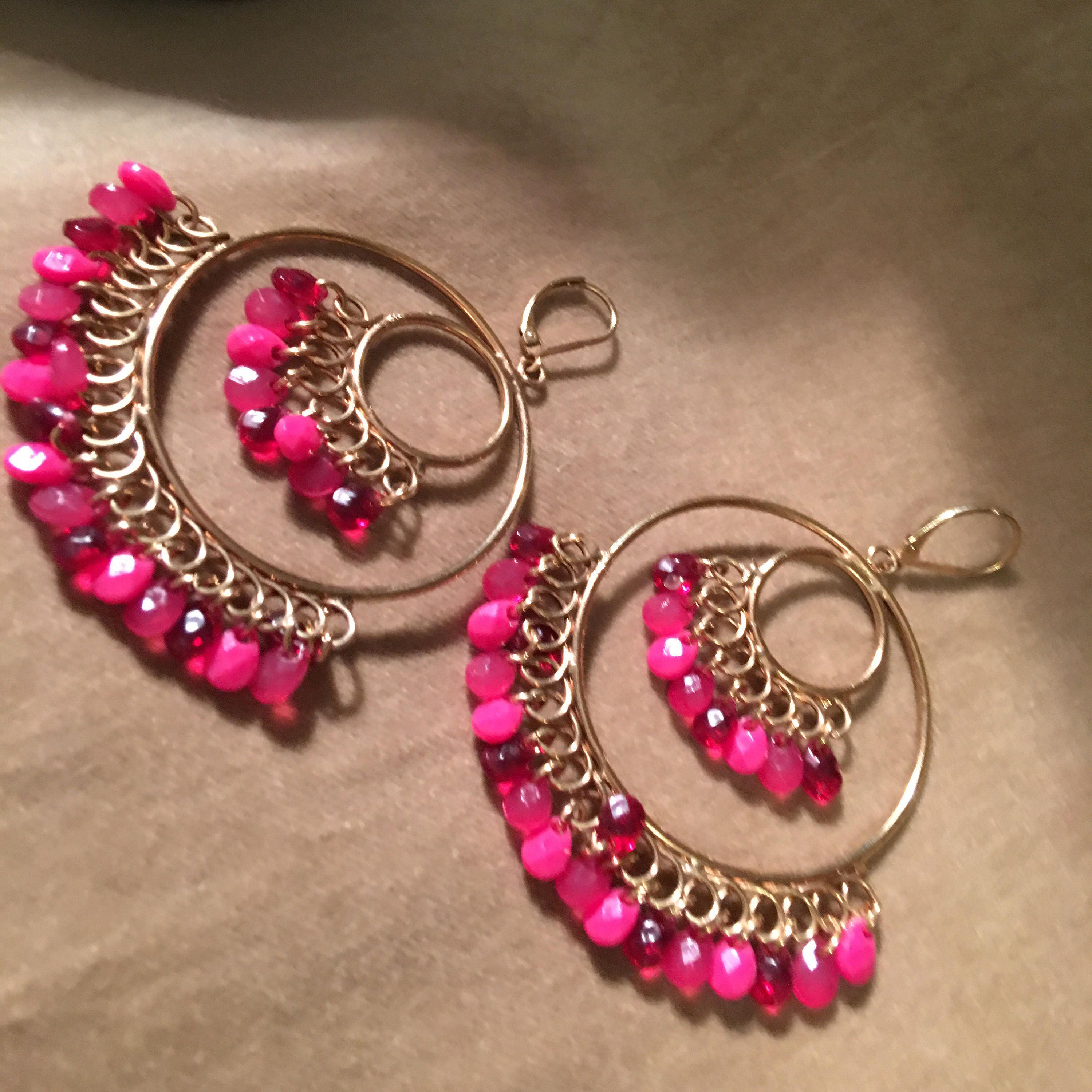 Giant Bright Pink Beaded Golden Chandelier Hoop Earrings