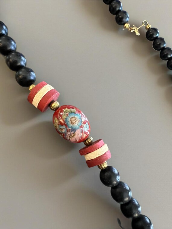 Cottage Core Floral Transfer Beads, dainty blue flowers on Rust porcelain with Earth tone and black beads, made in Japan, 1970s mid century