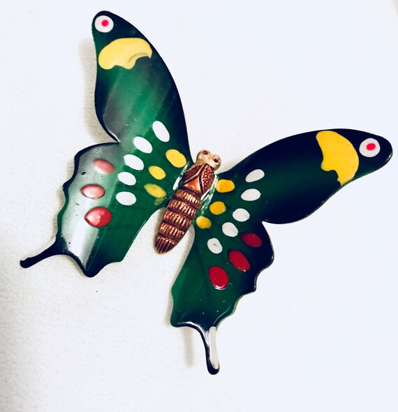 Korean Vintage Brass & Enamel Butterfly Brooch Be… - image 3