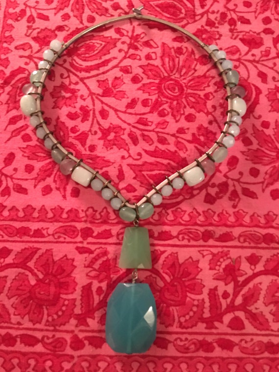 Vintage Boho Polished Stone Choker necklace of blue green pale green & rose semi precious gemstone