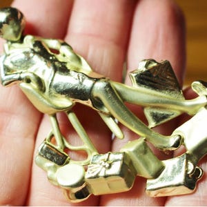 Large Vintage AJC signed Shopping Lady Shopaholic Goldtone Collector 1970&#39;s Brooch