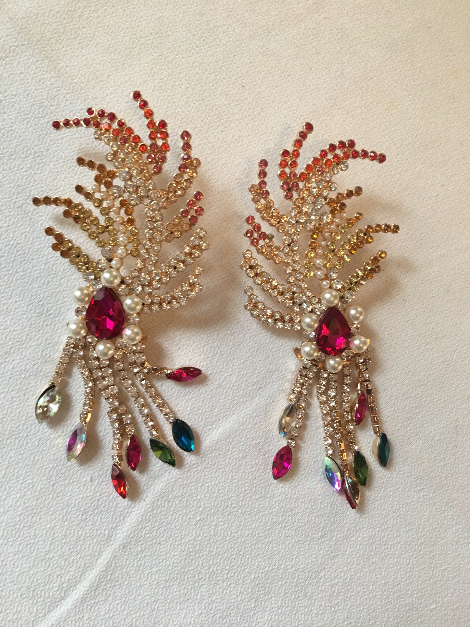 HUGE Colorful Rhinestone Feather Fringe Statement Earrings