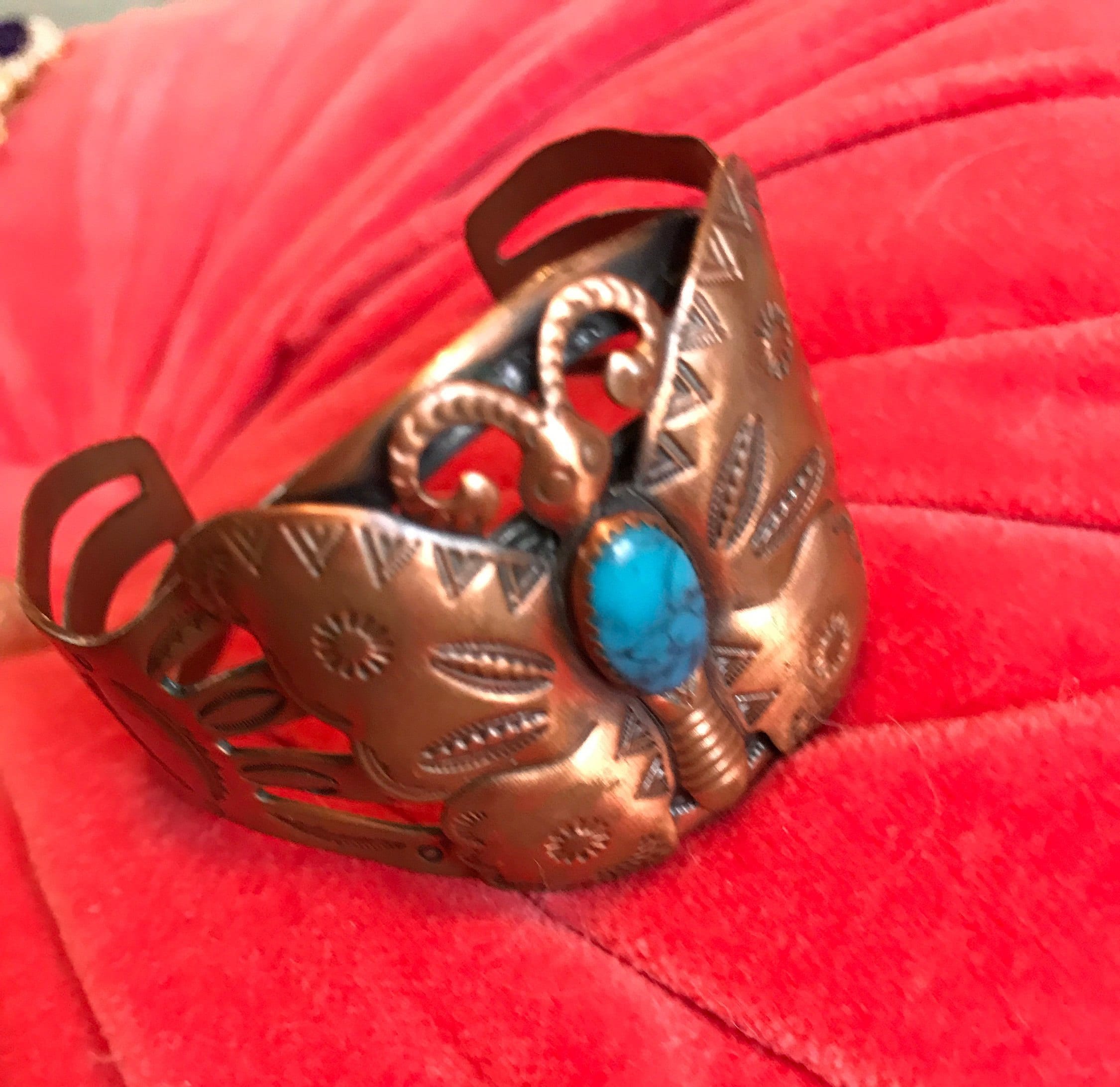 Vintage Cooper & Turquoise Butterfly Cuff Bracelet Signed