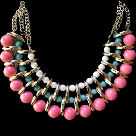 Mid Century Egyptian Revivial Art Deco Style Summery Salmon Coral Celedon & Goldtone Beaded Statement Runway Necklace UnWorn Vintage