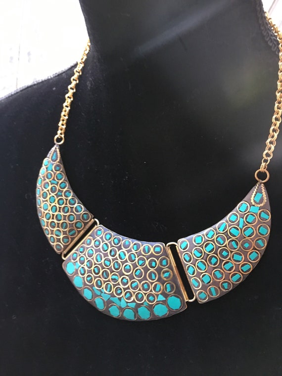 Beautiful Vintage Brass & Turquoise Bibbed Choker… - image 5