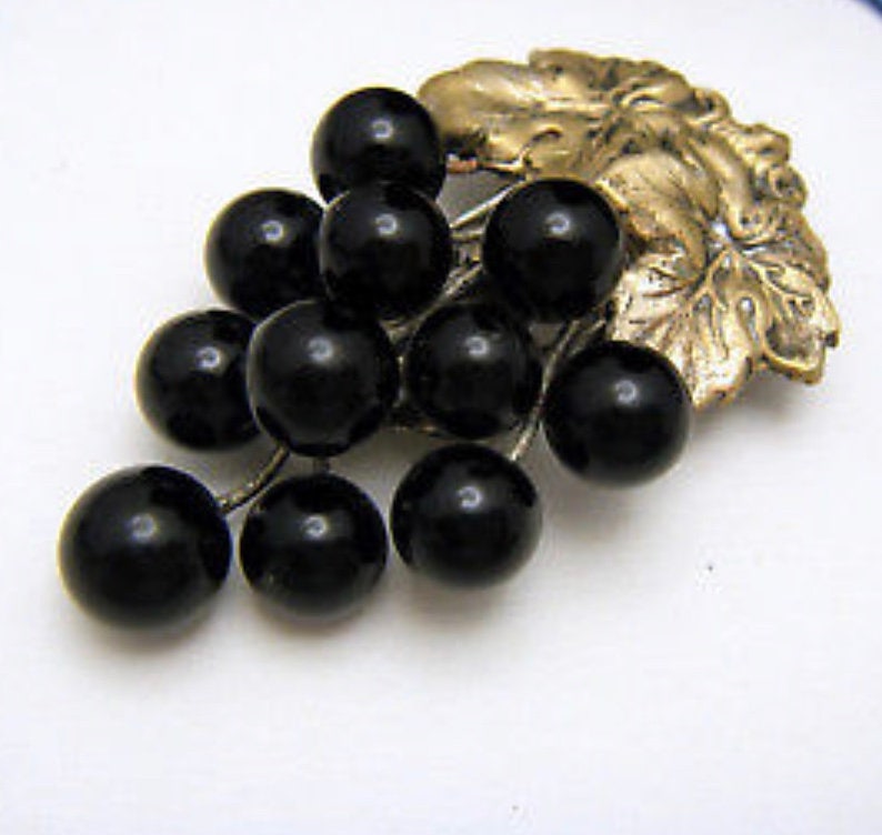 Art Deco Black Berry Dress Clip, Black glass bead grapes and brass leaves small dress clip 1920s