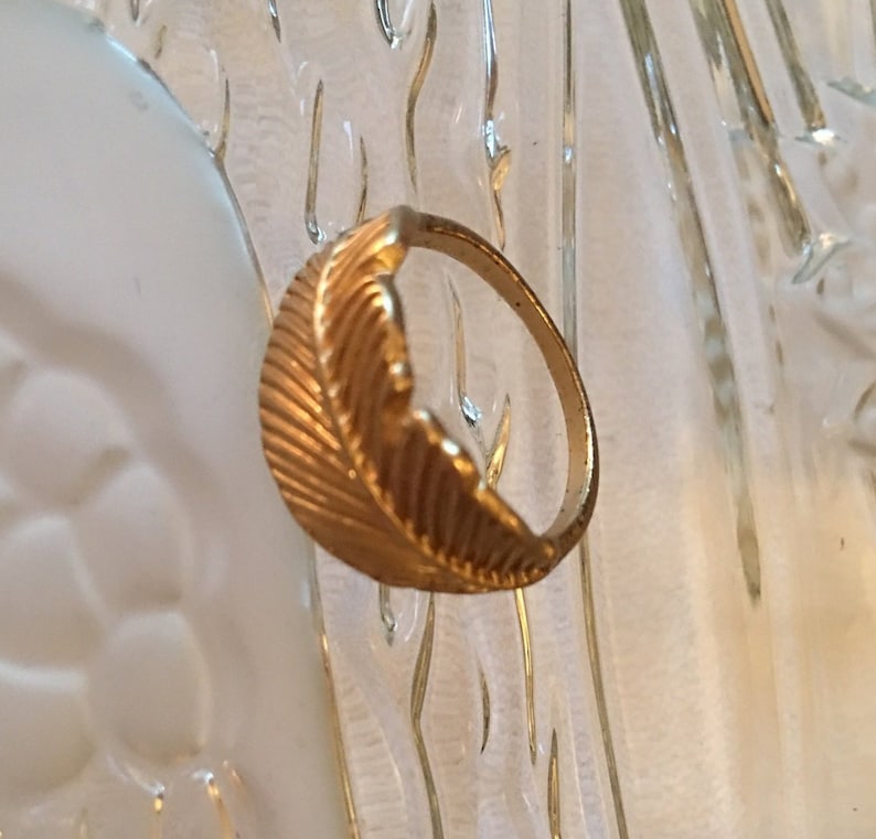 May include: A gold-toned ring with a feather design. The feather is textured and has a detailed design.