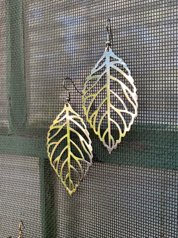 Vintage Oversized Silvertone Openwork Leaf Dangle Statement Earrings