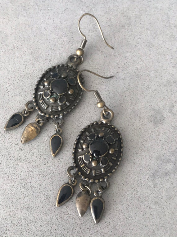 Black Dangles, Faux Onyx Southwestern Boho Gypsy Statement Earrings with swingy beaded tassels