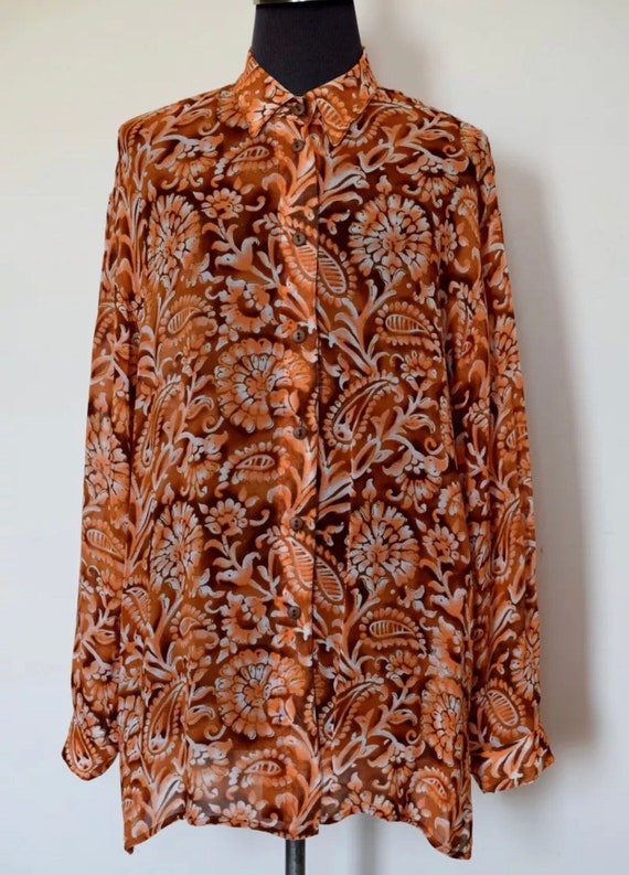 Vintage  GOTTEX Chiffon Sheer Shirt Blouse Orange Rust Paisley Size EXLarge, Awesome 80s Oversized Fashion