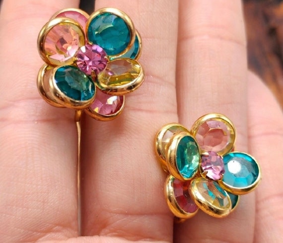 Swarovski Gem Floral Earrings, Vintage Red Green & Amethyst Crystal Clip ons, Perfect Holiday Bling