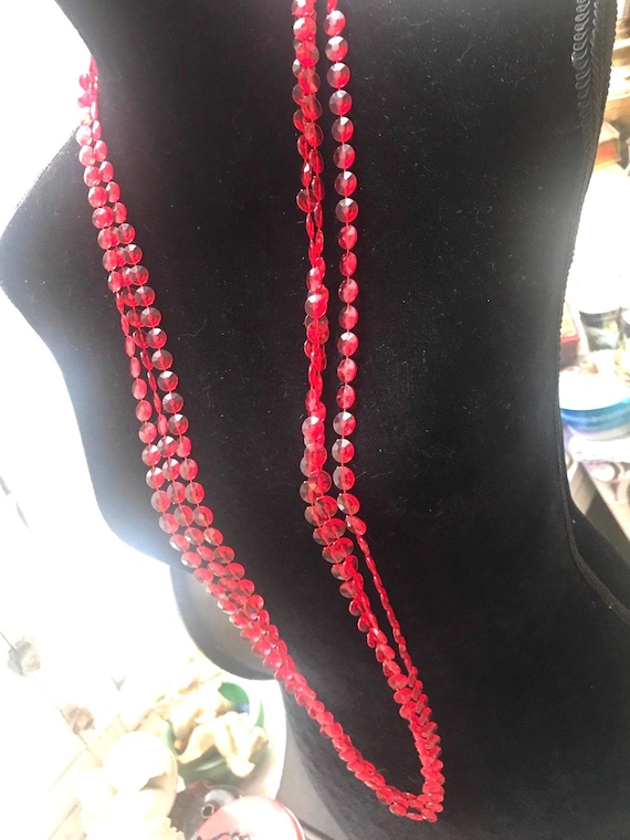 Terrific Mid century Clear Red Faceted  Long Multistrand Beads, trendy Boho Gypsy Beads, festival jewelry, hippie beads