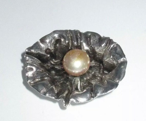 Vintage Oleg Cassini 1964 Silver Plate & Faux Pearl Exotic Abstract Modernist Floral Brooch, Sexy Unisex Lapel Pin